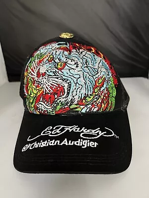 Ed Hardy Christan Audigier Black Tiger Embroidered Rhinestones Trucker Cap Hat • £43.79