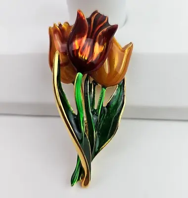 MFA Museum Fine Arts Enamel Three Tulip  Flower Brooch Pin 2.25 Inch Vintage • $80