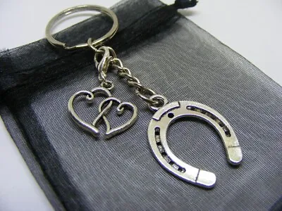 £3.95 • Buy Lucky Horseshoe & Entwined Love Hearts Charm Keyring With Gift Bag