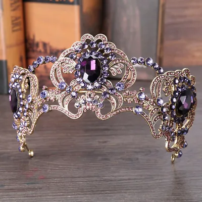 7cm Tall Antique Brass Purple Crystal Wedding Queen Princess Prom Tiara Crown • £18