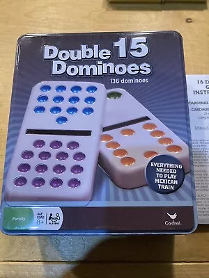 Cardinal Double 15 Color Dot Dominoes In Tin Case Mexican Train Game - Missing 1 • $10