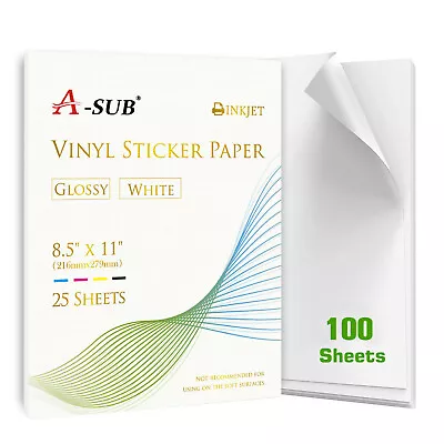 100 Sheets A-SUB Printable Vinyl Sticker Paper Glossy White 8.5x11 Inkjet Cricut • $35.99