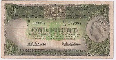 1961 Australia 1 Pound Banknote - Coombs / Wilson - R34 - Good - # 31149 • $19