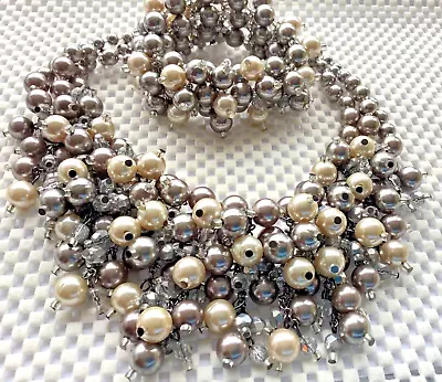 Costume Jewellery Stunning Multi Strand Necklace And Bracelet . Gunmetal/cream. • £4.20