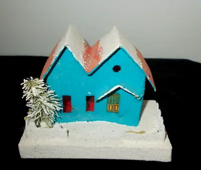 VTG PUTZ Japan Cardboard Paper Mache Christmas House~MICA & BOTTLE BRUSH TREE~#2 • $12.99