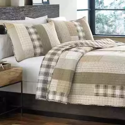 3-Pc Eddie Bauer Fairview Reversible Patchwork Quilt Set Saddle Brown/Tan Queen • $89.96