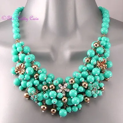 Big Mint Turquoise Gold Chic Bubble Bead Cluster Bib Collar Statement Necklace  • $19.88