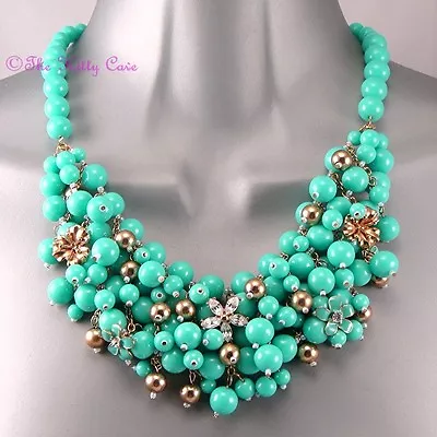 Big Mint Turquoise Gold Chic Bubble Bead Cluster Bib Collar Statement Necklace • $22.20