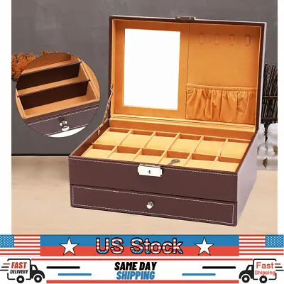 Mens Watch Box Organizer 12 Slots Watch Jewelry Storage Display W/Mirrior • $38