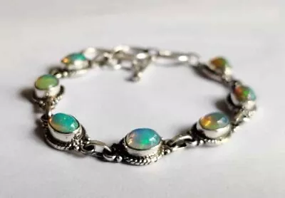 Natural Ethiopian Opal Gemstone 925 Sterling Silver Handmade Bracelet Jewelry S1 • $22.34