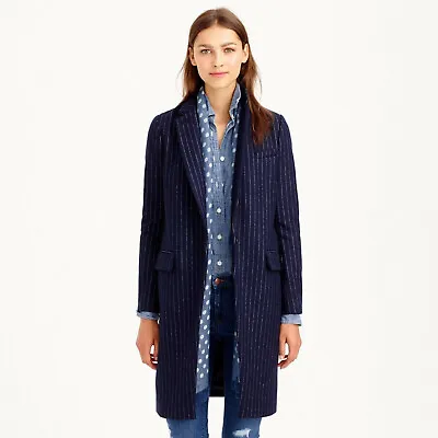 J.Crew Womens Sz 2 Melton Wool Navy Pinstripped Overcoat One Button Knee Length • $96