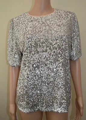 New M&S Collection Sequin Champagne Silver Short Sleeve Lined Top Sz UK 12 • £19.99