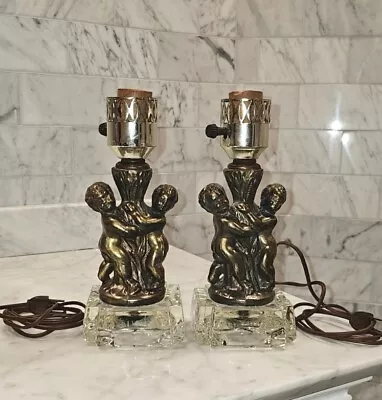 $54.99 • Buy Vintage Pair Of Cherubs Angels Glass Base Hollywood Regency Lamps FREE SHIPPING 