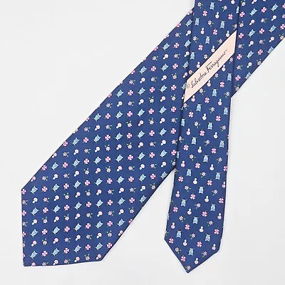 Salvatore Ferragamo Tie Necktie Floral Mushroom Clover Owl On Dark Blue • $40