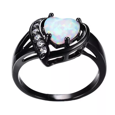Women's T Black Gold White Heart Shape Simulated Opal Ring Jewelry Size 6 • $0.04