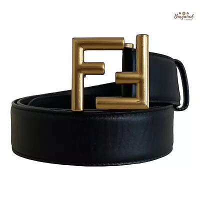 Authentic Fendi Black Calfskin Leather Gold FF Buckle Belt Size 85/34 • $365