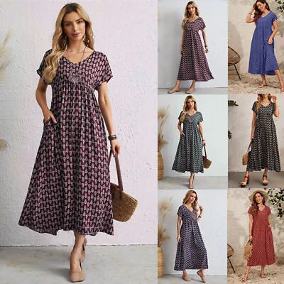 £10.79 • Buy Womens Holiday V Neck Pocket Midi Dress Short Sleeve Swing PRINT Tunic Sundress