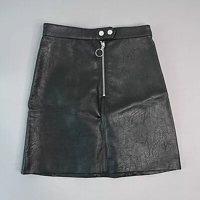 H&M Leather Mini Skirt 6 Womens Black PU Coating Zip Detail Snap Lined Buttons • £12.95