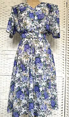 80s Does 50s Dress Vintage Rose Print Full Skirt W Belt Fit Modern 10 / Small 12 • £20