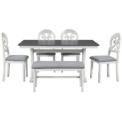 6-Piece Mid-Century Wooden Dining Table Set With 6 Upholstered Chairs 1 Bench • $757.10