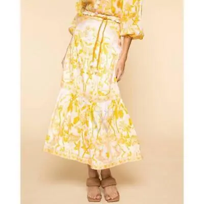 ZIMMERMANN Yellow Palm Lyre Frill Hem Maxi Skirt AU 0/US 4 $530 • $275