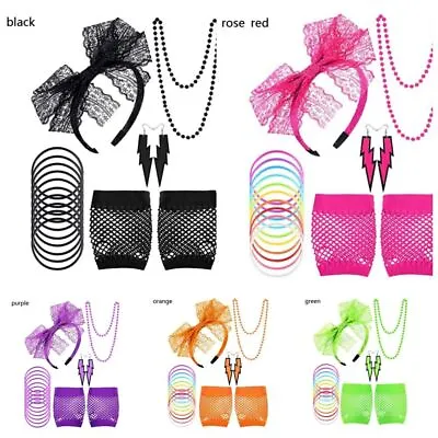 80s Party Headband Fishnet Gloves Costume Accessories Set Necklace 80s Fancy • £5.59