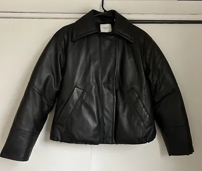 VINCE Leather Puffer Jacket Size S Black With Detachable Shearling Collar • $575
