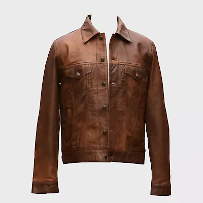 Western Trucker Leather Jacket Sheep Leather Denim Jacket Style D34J • $115.49