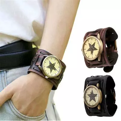 Retro Leather Cuff Bracelet Quartz Wrist Watch Fashion Wide Band Bangle Men Gift • $24.99