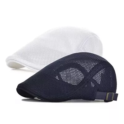 2 Pack Men's Mesh Cap Breathable Summer Newsboy Hat One Size White/Navy • $28.68