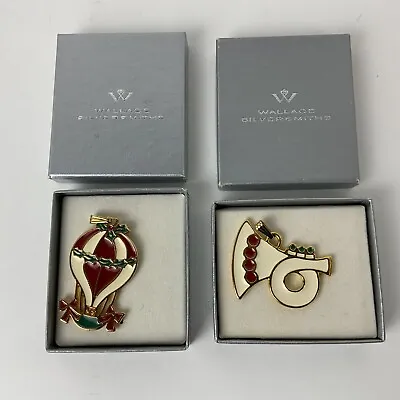 Vintage Wallace Silversmiths Holiday Enamel Pendants Lot Of 2 Horn Balloon Boxed • £41.49