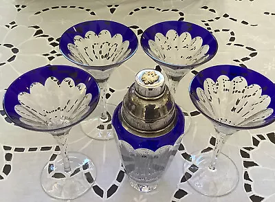 Faberge Cobalt Cut To Clear Crystal Martini Set 4 & Shaker EXCELLENT • $1299