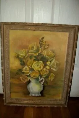 VINTAGE 1960s OIL PAINTING YELLOW ROSES AGED GRAY GILT CARVED WOOD FRAME • $160.65