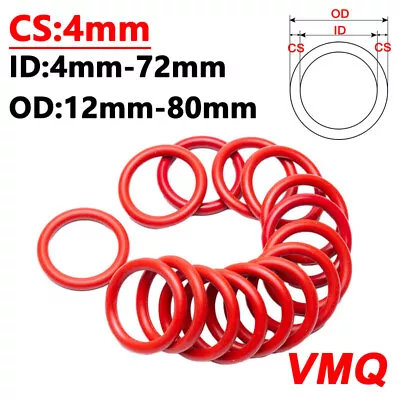 4mm Cross Section O Ring Red Silicone Rubber Seal ID 4-72mm High Temp Resistance • £1.86