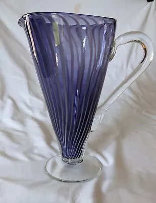 Mid-Century Purple & White Italian Murano Filigrana Stripe Glass Pitcher 10” • $26