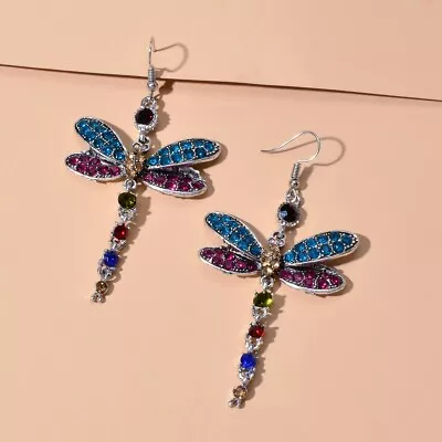 $1.99 • Buy Shining Multicolor Rhinestone Dragonfly Pendant Dangle Earrings Insect Jewellery