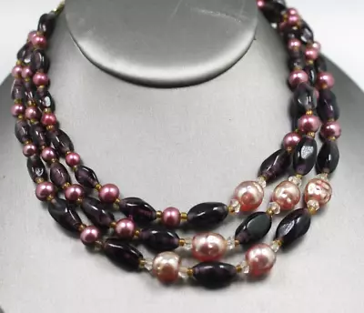 Vintage 3 Strand Purple Glass Swirl Bead Faux Dimple Pink Pearl Necklace 16  • $9.50