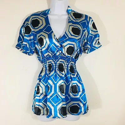 MKM Designs Women Top Sz M Blue Geometric Short Sleeve Cinched Waist V Neck • $19.25