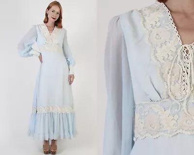 Vtg Baby Blue Cottagecore Corset Dress Long Lace Up Medieval Prairie Boho Gown • $94