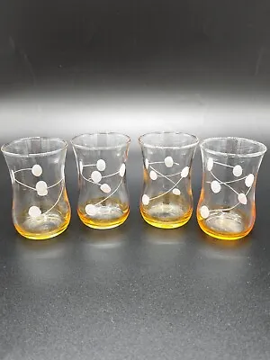 Vintage MCM Glass Barware Etched Atomic Dot Orange Stripe Juice Shot Set Of 4 • $20