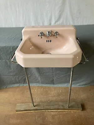 Vtg 19x23 Coral Pink Porcelain Cast Iron Sink Chrome Legs Towel Bars 397-22E • $595