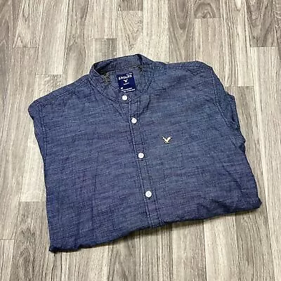 EAGLES Slim Fit Button Down Mandarin Collar Blue Casual Shirt Men's Size Medium • $14.85