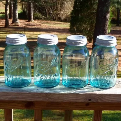 Set Of 4 Antique Aqua Blue Perfect Mason 1 Quart BALL JARS W/Zinc Lids 1910-1933 • $19.99