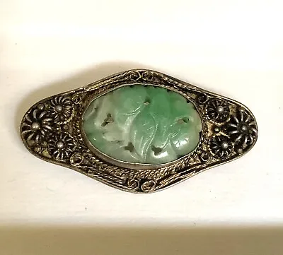 $110 • Buy Vintage Chinese Export Carved Floral Apple Green Jade Pin Brooch Sterling Silver