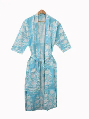 $36.29 • Buy Indian Sky Blue Women's Clothing Floral Kimono Cotton Bath Robes Maxi Night Gown