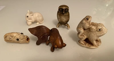 £32 • Buy NETSUKE Bundle X 5.  Animals. Frogs. Fish. Mouse. Owl