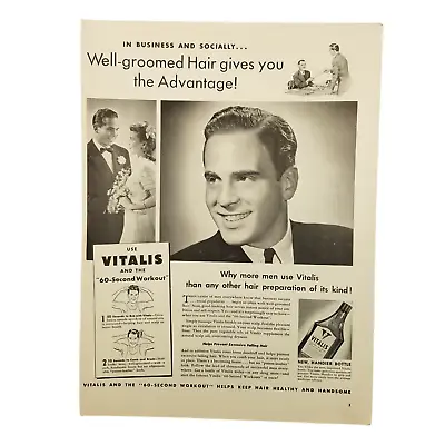 1940 Vitalis Hair Care Vintage Print Ad 60 Second Workout Keeps Hair Healthy • $7