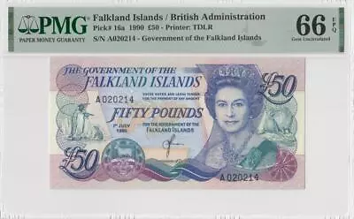 1990 Falkland Islands 50 Pounds Qeii £50  A  **020214** (( Pmg 66 Epq )) • £70.48