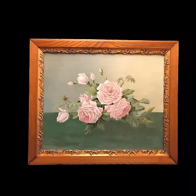 Vintage Oil Painting On Canvas Pink Cabbage Roses Still Life Framed  • $850