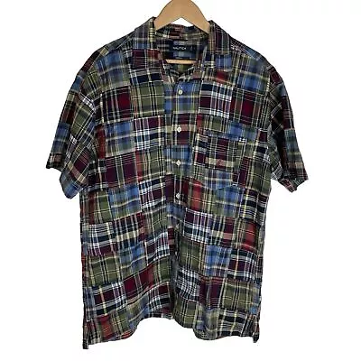 Nautica Madras Plaid Patchwork Short Sleeve Shirt Blue Green Cotton Size Large • $25